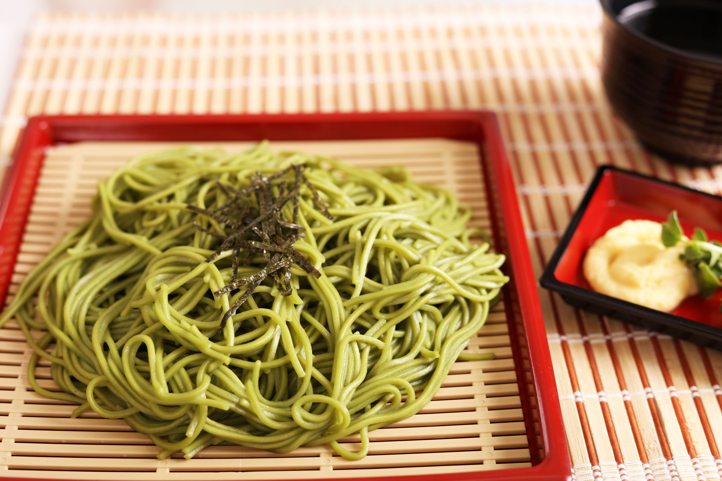 Soba, Japanese buckwheat noodle, made with green matcha tea