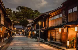 Traditional geisha quarter with old wooden houses in Kanazawa Japan during twilight
