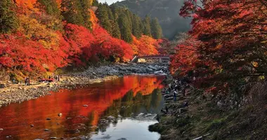 La impresionante vista del puente Taigetsukyo y los arces de Korankei.
